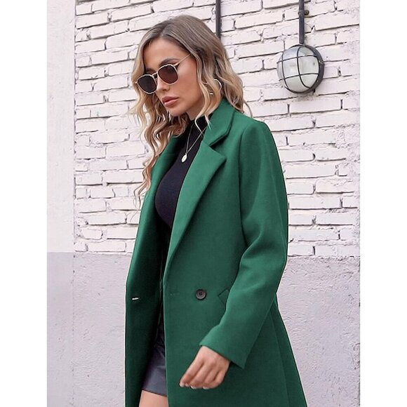 Women's Teal Winter Wool Coat Casual Notch Lapel Single-Breasted Peacoat - Picture 5 of 8